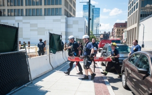 Worcester Fire Special Operations  rescues an iron worker who fell approximately 10 feet at the 90 Front Street City Square construction site Wednesday afternoon.